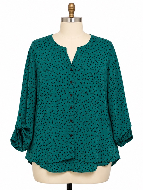 Notations Tops - Notations Teal Dot Button-Front Blouse